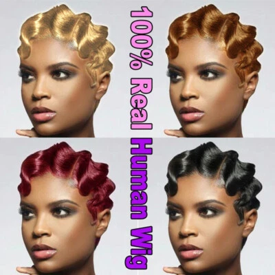 Finger Wave Short Human Hair 100% Real Brazilian Wigs for Black Women - Image 1 of 4