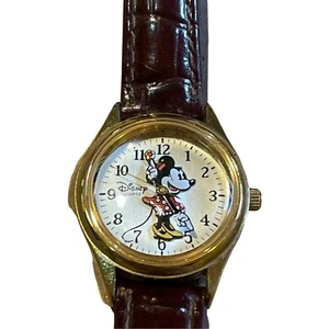 Vintage Authentic Disney Minnie Mouse Wristwatch Gold Tone Brown leather Band - Picture 1 of 5