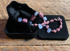 Pink Turquoise Pink Thulite & Blue Chalcedony Gemstones Sterling Silver Necklace - Picture 1 of 9