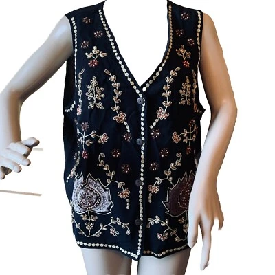 Vintage Carole Little Black Embroidered Beaded Vest Black Floral 14 Boho Fall - Image 1 of 4