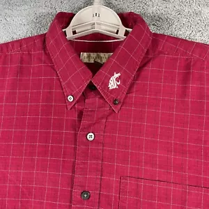 WSU Cougars Button Shirt Mens Large Red Grid Cuff Spellout Washington State - Picture 1 of 12