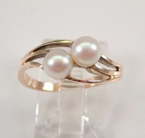 Vintage Estate Yellow Gold Pearl Promise Ring June Birthstone Two Stone Jewelry  - Picture 1 of 4