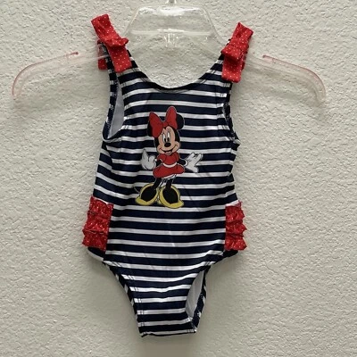 Disney Minnie Mouse 1 Pieza Traje de Baño Talla 2T Náutico Rayas Volantes Foto 1 de 4