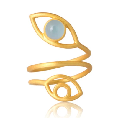 Anel duplo olho do mal calcedônia aquática banda espiral anel ajustável presente para amigo - Imagem 1 de 4