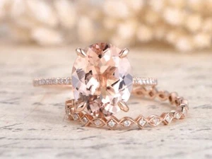 2Ct Oval Cut Lab Created Morganite Bridal Set Ring 14K Rose Gold Plated Silver - Picture 1 of 6
