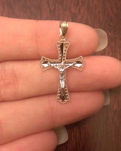 10K GOLD TWO-TONE OPEN FILIGREE JESUS CRUCIFIX CROSS CHARM PENDANT - 30mm (1.2") - Picture 1 of 5