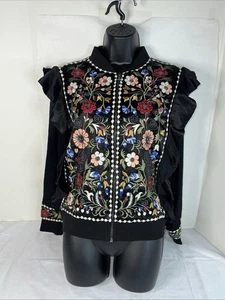 Zara Woman Bomberjacke schwarz Satin Blumenstickerei Reißverschluss Größe L - Bild 1 von 21