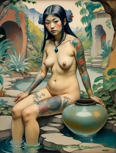 Akt Japanisch Pinup im Wassergarten 8,5x11" Fotodruck Stil Gauguin/Harker Kunst - Bild 1 von 1