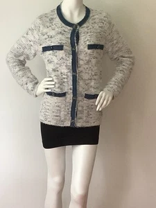 NEW SIONI (Size M) Boucle Knit Denim Trim Blended Cardigan Sweater/Jacket - Picture 1 of 13