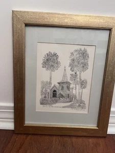 ARCHITECTURE DRAWING FAITH CHAPEL JEKYLL ISLAND FRAMED PICTURE VINTAGE MATTED - Picture 1 of 2