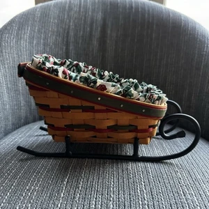 Longaberger Weihnachtsschlitten Korb Schmiedeeisen Läufer Stechpalme Stoffeinlage Plasti - Bild 1 von 18