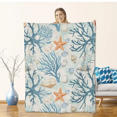 Coastal Coral Reef Flannel Throw Blanket 60x50 Inch, Starfish Seashell Throws... - Image 1 of 4