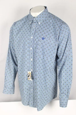Cinch Men's Classic Fit Button Shirt Long Sleeve White Blue Pinwheel Geo Print - Image 1 of 3