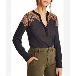 Free People Easy Breezy Henley Open Embroidered Long Sleeve Top XS Charcoal - Picture 1 of 22