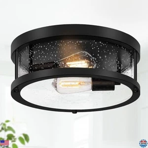 Black Flush Mount Ceiling Light, 2-Light Industrial Fixture with Seeded Glass - Picture 1 of 6