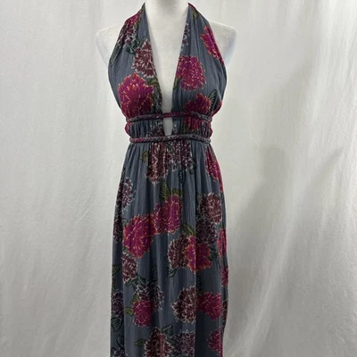 Vestido maxi feminino Big Water azul céu floral escuro halter trançado costas abertas S Boho - Imagem 1 de 4