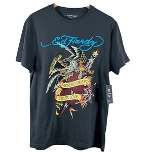 Ed Hardy Men's Shirt Charcoal Cotton Rhinestone Eagle Sword Artsy Tattoo Size M - Picture 1 of 9