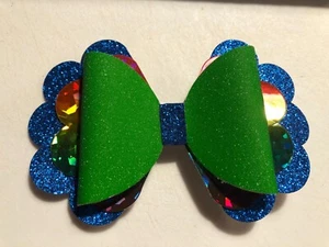 CAYLEE FLOWER HAIR BOW, HOLOGRAPHIC MIX, BLUE AND GREEN, 5" X 3.5" HOMEMADE - Picture 1 of 3
