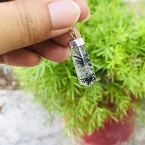 Natur Edelstein Schwarz Rutil Quarz Anhänger 925 Sterling Splitter Pendant - Bild 1 von 9