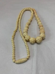 Vtg 60s Carved Rose Bead Necklace Cream Dyed Pink Shading 1/2”-1/8” 23” Around - Picture 1 of 8