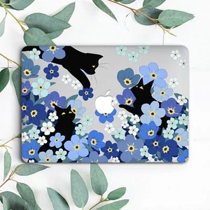 Black Cats Blue Flowers Cute Floral Hard Case For Macbook Pro 13 14 15 16 Air 13 - Picture 1 of 3