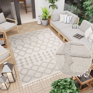 Alfombra exterior tela plana 3D estructura geométrica etno flecos balcón patio - Imagen 1 de 11