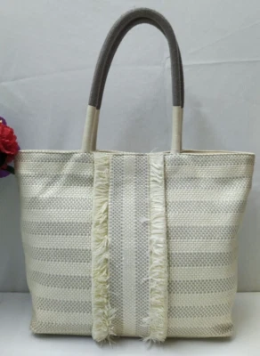 Bolso de hombro grande con asa superior de paja rayas marfil Stella & dot Foto 1 de 4