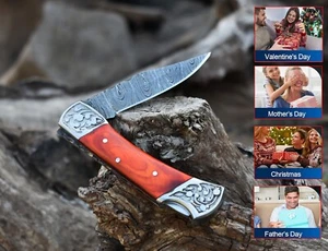 Damascus handmade Back Lock Folding Pocket knife Camping Hunting knife & Pouch - Picture 1 of 7