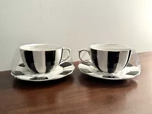 2 Grace Teaware Black White Scallop Porcelain Tea Cup Saucer Gold Rim Halloween - Picture 1 of 6