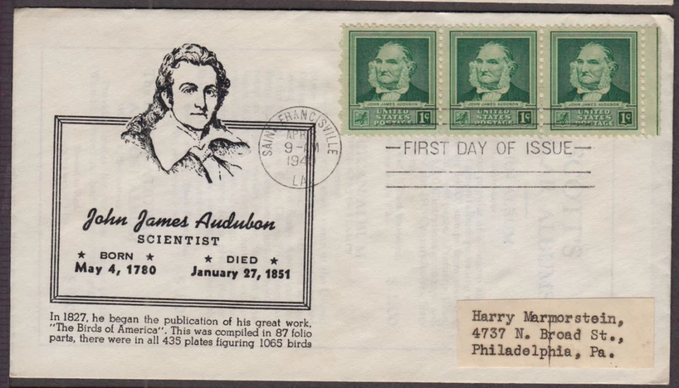 1940 Famous Americans Sc 874-35 John James Audubon scientist, Reid cachet - Image 1 of 1