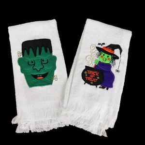 Two Halloween Hand Towels Witch Cauldron Frankenstein Monster Guest Bathroom - Picture 1 of 4