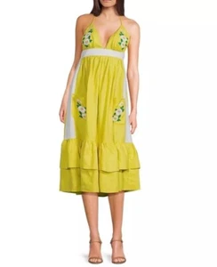 Fanm Mon MED Yamile Floral Embroidered Halter Midi Dress Mustard Lime NWT $269 - Picture 1 of 16