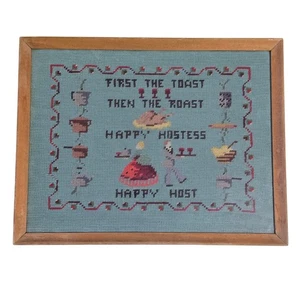 Vintage Needlepoint Framed Host Roast Toast Hand Stitched Wall Art 1970'S - Picture 1 of 5