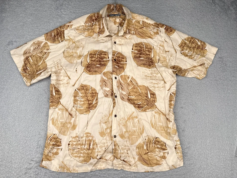 John Henry Shirt Men 2XL XXL Beige Floral Hawaiian 100% Rayon Short Sleeve - Image 1 of 4