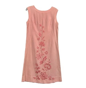 60s Vintage Pink Shift Dress M Embroidered Sleeveless Pale Pastel Brunch Church - Picture 1 of 9