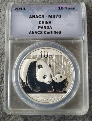 2011 Chinese Panda 1 oz Silver Coin ANACS MS70 10 Yuan - Image 1 of 2