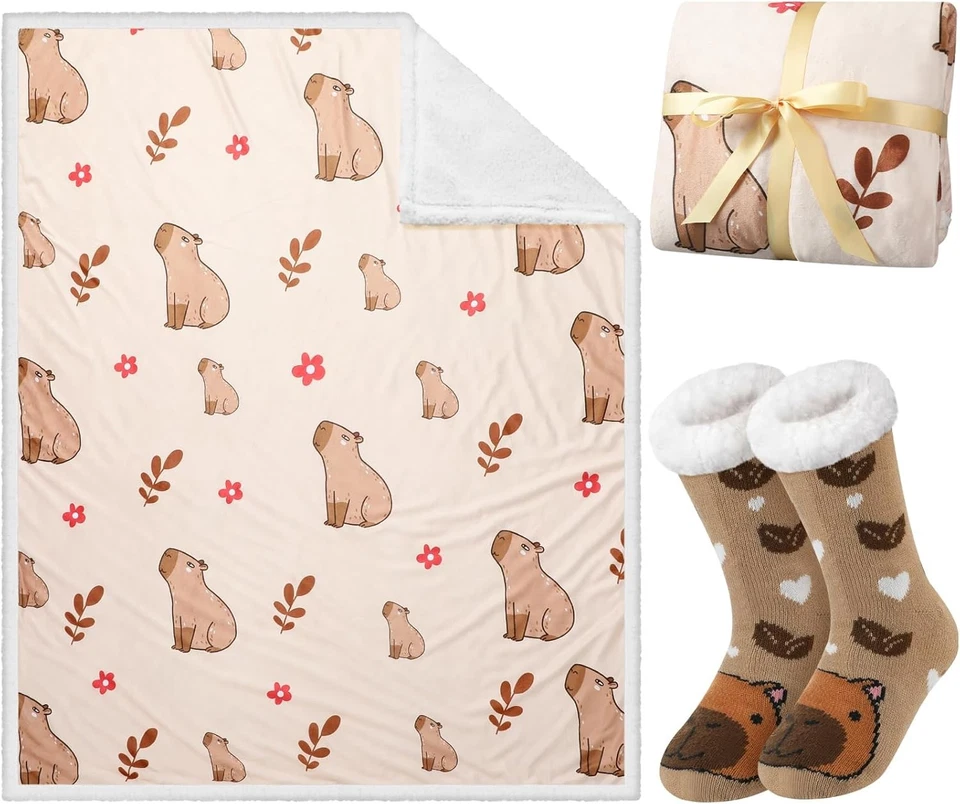 Paquete de 2 Divertidos Set de Regalo Capibara para Mujer Invierno Sherpa Zapatilla Color Vintage  Foto 1 de 4