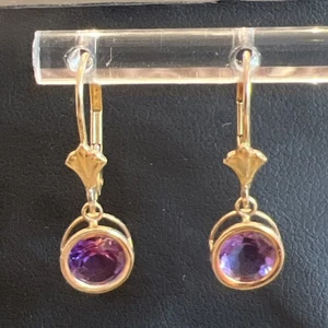 10k Yellow Gold Round Bezel Set Amethyst Leverback Dangle 0.9” Earrings LGL - Picture 1 of 11
