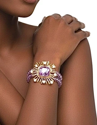 1.5英寸宽薰衣草珠和水晶金色声明可伸缩手链 — 第 1/3 张图片