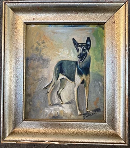 ::KARL BRÜNING ÖLGEMÄLDE PORTRÄT EINES SCHÄFERHUNDES ABSTRAKTER HINTERGRUND - Bild 1 von 7