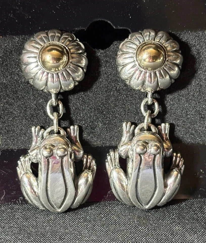 Barry Kieselstein Cord Sterling Silver 925 & 14K Gold Frog and Flower Earrings - Image 1 of 4