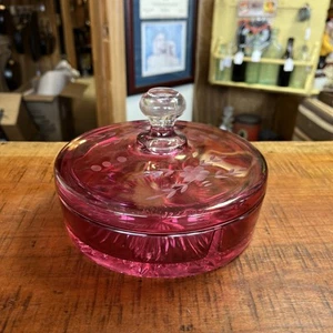 Vintage rosa geätztes Glas Deckel rund geteilt Bonboniere - Bild 1 von 6