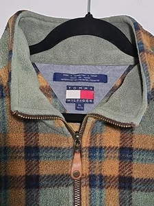 Vintage 90s Tommy Hilfiger 1/4 Quarter Zip Fleece Pullover XL Green Blue Brown - Picture 1 of 6