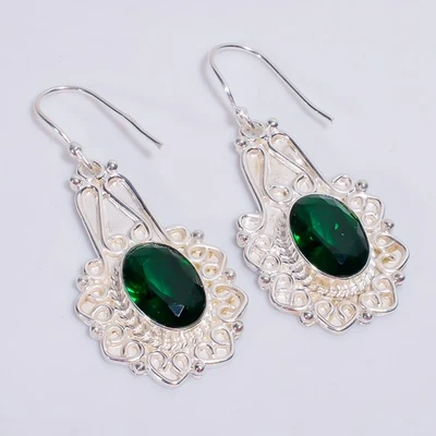 Pendientes de plata de ley 925 hechos a mano vintage de piedra de diopsido cromada de 2,1" y063 Foto 1 de 4