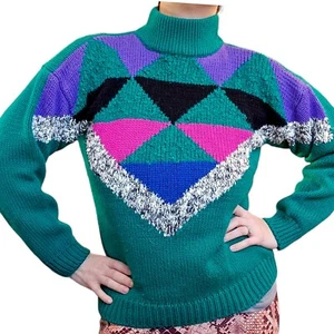 Mittelgrüner Dreieck geometrischer klobiger Rollkragenpullover mit Stehkragen Vintage 80er Ski - Bild 1 von 10