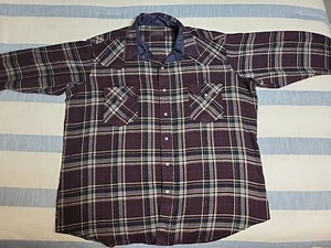 Rock Creek Ranch Western Pearl Snap Shirt Mens L Wine Navy Tan Plaid Flannel - Picture 1 of 10