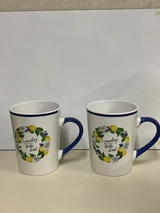 Set of 2 Coffee Mugs Lemon Blossoms Cups Every Day Is A Fresh Start 14 Oz Cerami - Picture 1 of 5