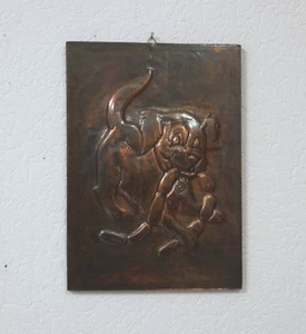 Kupfer Bild Wandbild Relieff 22 x 31 cm auf Holz Hund Handarbeit 60er Jahre RAR - Picture 1 of 5
