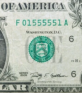 2009 $1 bill fancy serial number, 7 digit super radar, 5 in a row 5s trinary - Picture 1 of 5