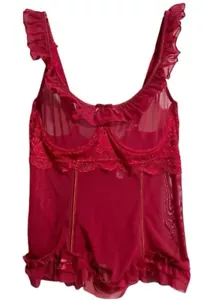 Coquette Ruffle Bustier Lingerie Underwire Boning Mesh Lace Sexy Red Size Medium - Picture 1 of 6